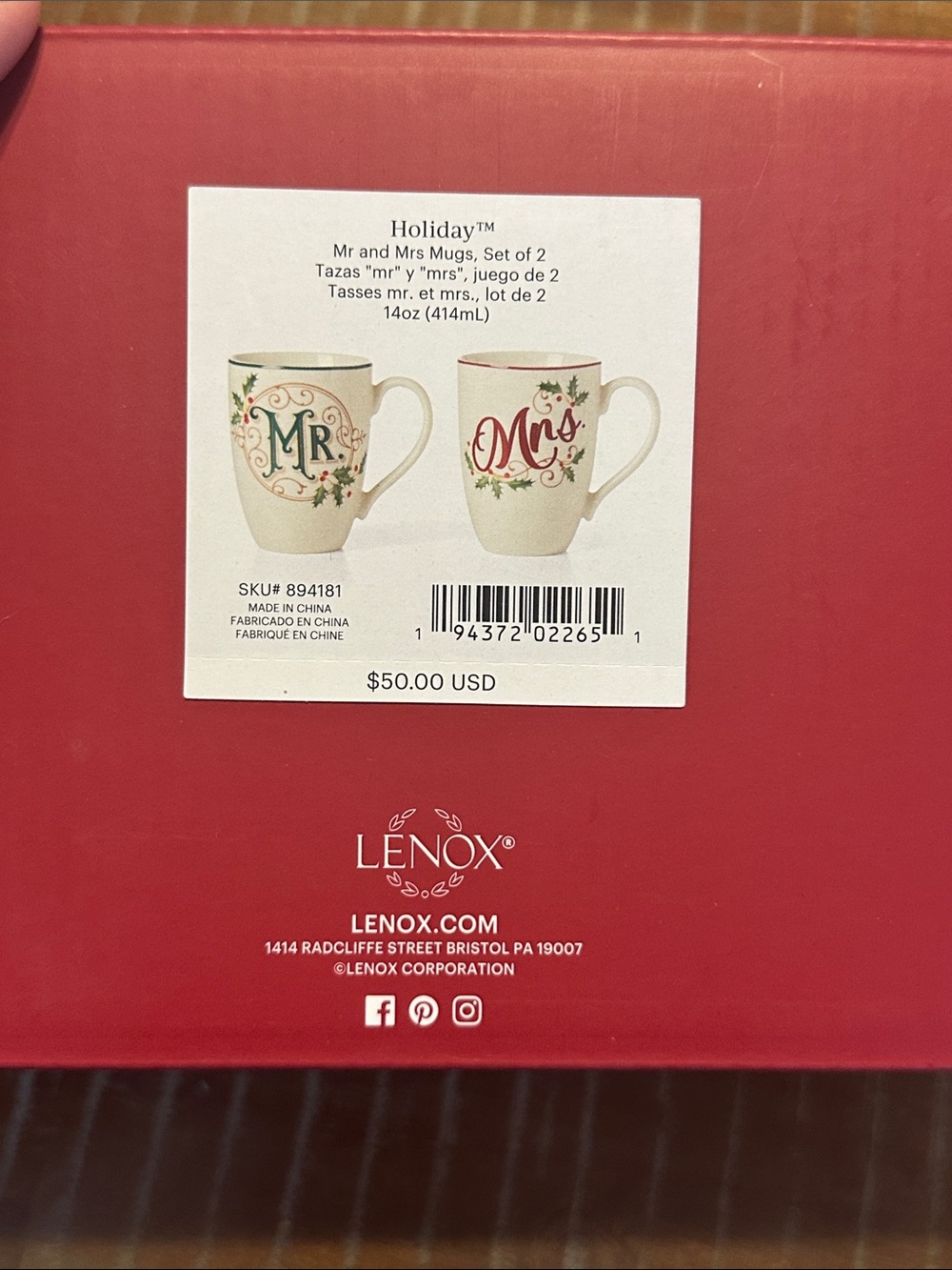 Lenox Holiday Mr and Mrs Mug Box Set New in Box